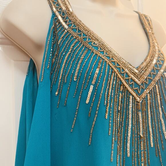 Cache NWT Aqua With Gold Beaded Sequin Chiffon Cocktail Dress Size 10 - Picture 4 of 15